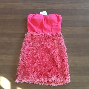 NWT bright coral strapless mini dress with rosettes - club party cosplay